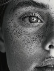 Fototapeta premium This image captures the delicate beauty of a woman's face, focusing on her freckles and skin texture in a realistic style.