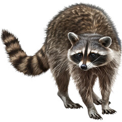 Fototapeta premium A detailed illustration of a raccoon in a natural pose, showcasing its distinctive fur and expressive features. PNG transparent background.