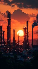 Fototapeta premium Dramatic Industrial Silhouette at Sunset with Oil Refinery Skyline
