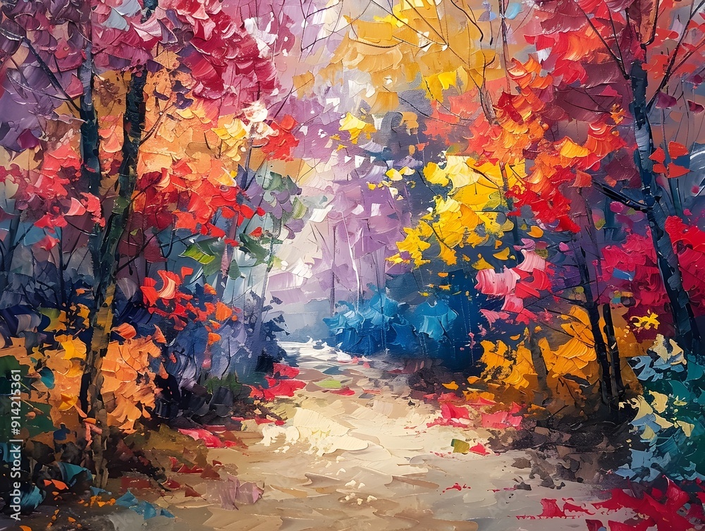 Canvas Prints Vibrant Autumn Forest Landscape in Rich Oil Painting Style