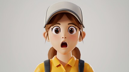 3D cartoon woman with surprised expression.