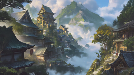 Misty Mountain Village with Traditional Architecture