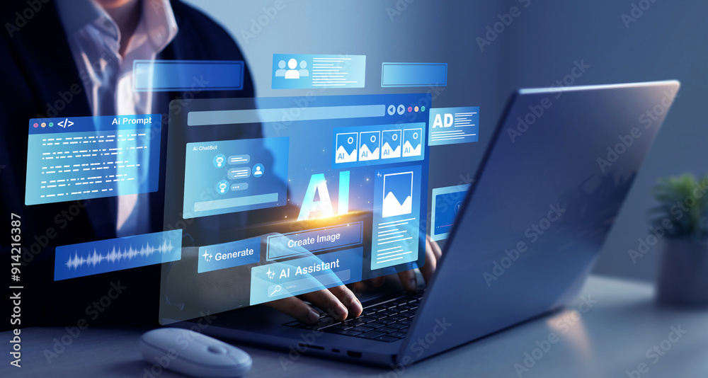 Poster Person using laptop with Ai Content Generator. Interaction with the Ai assistant to solve some tasks more easily. Image generator, documents, marketing and advertising, bot writing and coding.