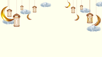 Illustration featuring hanging lanterns, golden moons, and soft clouds against a light background. Islamic background