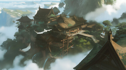 Serene Mountain Village with Traditional Wooden Houses