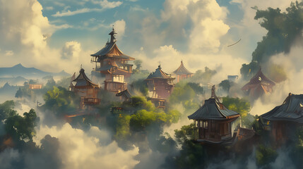 Idyllic Mountain Village in Misty Sunrise