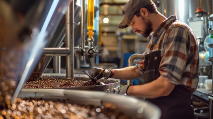 A brewer working in a brewery, checking the progress of the brewing process.