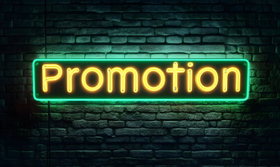 Fototapeta premium Illuminated promotion sign against a brick wall, showcasing bright neon colors, ideal for advertising and marketing themes.
