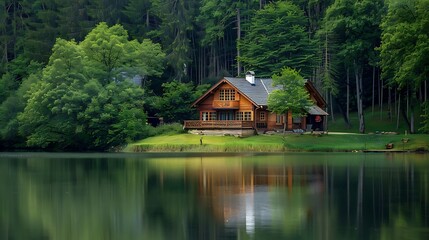 Obraz premium Wooden Cabin by the Lake in a Forest