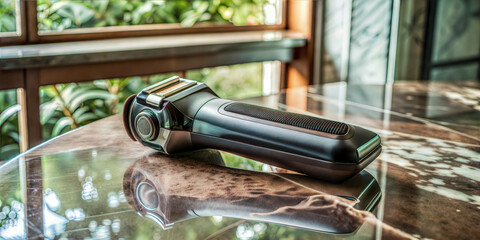 Electric shaver on glass table in sunlight