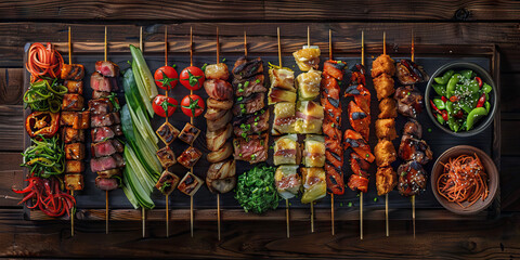 Chopstick Technique: A deftly arranged assortment of food on a wooden board, artfully presented with chopsticks.