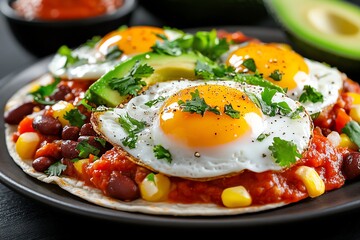 A vibrant Mexican huevos rancheros plate, with sunny-side-up eggs atop corn tortillas, smothered in a spicy tomato sauce, accompanied by refried beans and avocado slices