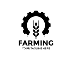 Farming Industry. Ears of wheat on an industrial gear or cog. Agriculture engineering, wheat with gear, food production illustration on transparent background.
