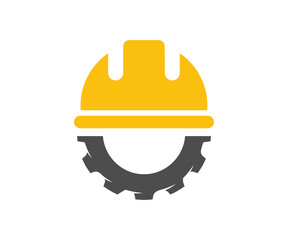 Helmet and gear icon. Safety and protection, engineer. Construction, labor and engineering symbols. Workwear, helmet construction and cogwheel illustration on transparent background.