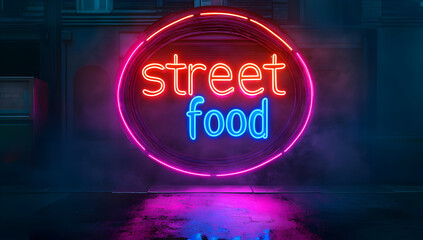 Vibrant neon sign for street food, glowing in a misty urban setting, capturing the essence of nighttime food culture.
