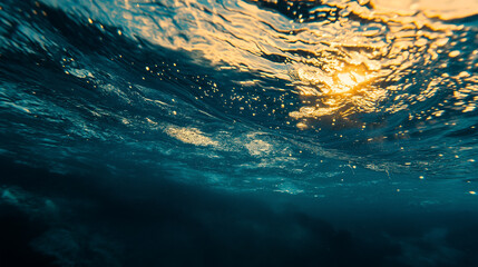 Golden sunlight glimmers on the surface of the ocean, creating a serene underwater atmosphere during sunset