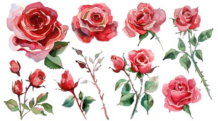 Watercolor rose clipart in various colors and angles.