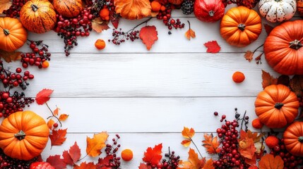 Festive Autumn Decor with Pumpkins, Berries, and Leaves