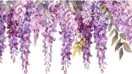 Naklejka premium Watercolor wisteria clipart with cascading purple blooms.
