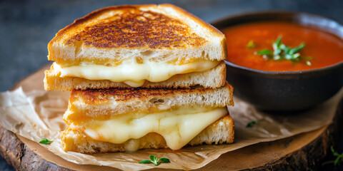 Stack of grilled cheese sandwiches with gooey cheese oozing out, presented on a wooden board with a side of tomato soup.