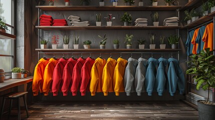 The interior design of a teenage clothing store is bright and modern.