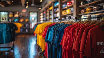 Fototapeta premium Casual T-Shirt Store Interior with Colorful Display, Casual T-Shirt Store Visual Merchandising Setup, Casual T-Shirt Store Shopping Environment