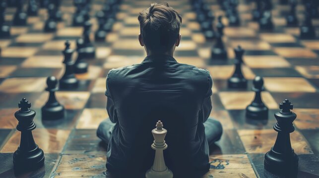 A person contemplates strategy while seated before a large chessboard. The atmosphere is tense and thought-provoking.