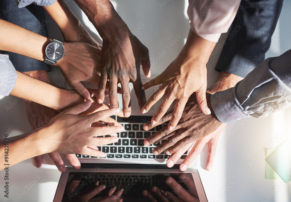Poster business people, office and hands on laptop for teamwork on company task and digital project managem
