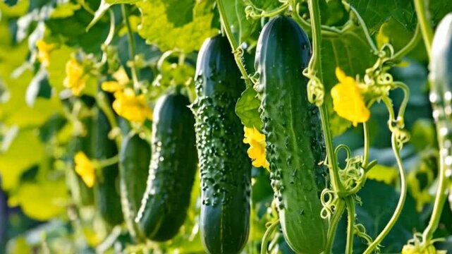 cucumbers on vine with yellow flowers
