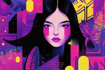 Colorful digital portrait of stylized woman with abstract background