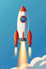 Fototapeta premium A bright red and white rocket soaring through the clear blue sky, ideal for use in scenes related to space exploration or futuristic themes