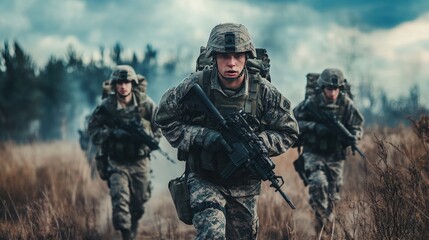 Fototapeta premium Military troops advancing strategically in combat formation for tactical warfare operations