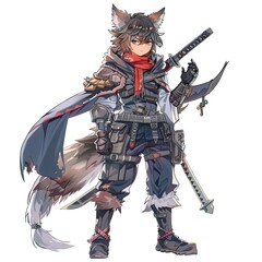 Anime Wolf Warrior. AI generated art illustration.