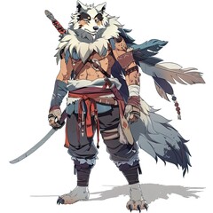 Anime Wolf Warrior. AI generated art illustration.