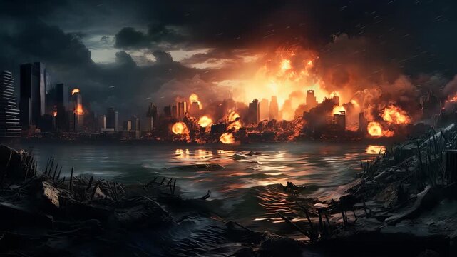 Cityscape engulfed in flames during apocalypse, dramatic scene. End of the world concept