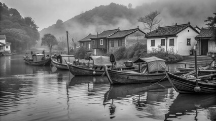 Village Overlook in Rain A viewpoint overlooking a cluster of tiled roofs and winding streets, rain clouds hanging low over the distant hills
