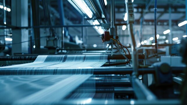 A close-up view of a large industrial printing machine in operation.  The machine is printing a continuous roll of paper.