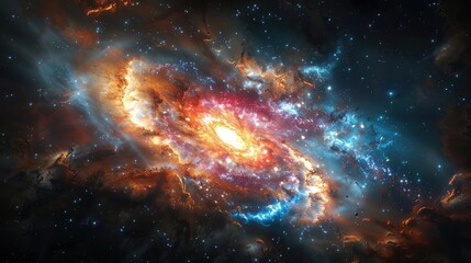 Obraz premium A stunning cosmic scene featuring a vibrant galaxy swirling with colors of blue, orange, and purple against a star-filled backdrop.