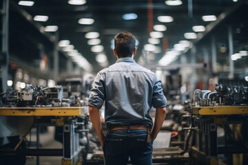 Rear view of a quality assurance technician working in factory