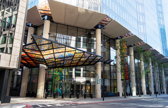 The colourful canopy of the 22 Bishopsgate Tower office complex in the City of London. London - 11th July 2021