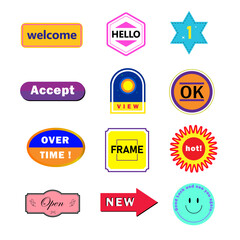 A vibrant set of 12 colorful modern labels, buttons, and stickers with diverse text and shapes, including 'welcome,' 'Accept,' 'hot!', 'NEW,' and a smiley face