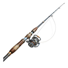 A detailed fishing rod with a reel, perfect for outdoor sports and recreational fishing activities. PNG transparent background.