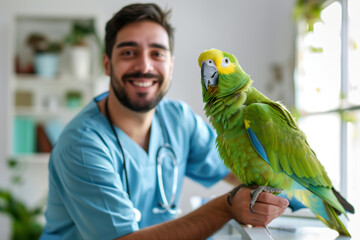 Smiling veterinarian in scrubs holding vibrant green parrot in a bright clinic. Concepts of animal care, veterinary services, and bird health.