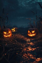 Three carved pumpkins sit in a field under the stars, great for autumn or Halloween-themed images