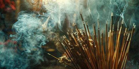 Incense: An array of burning incense sticks, releasing their aromatic smoke into the air, creating a peaceful ambiance.