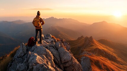 Fototapeta premium From the top of a steep mountain, a hiker see a huge, hazy mountain range.
