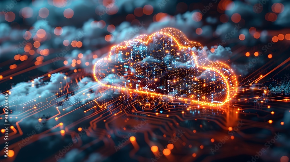 Poster glowing cloud computing infrastructure with advanced network and servers for secure digital connecti
