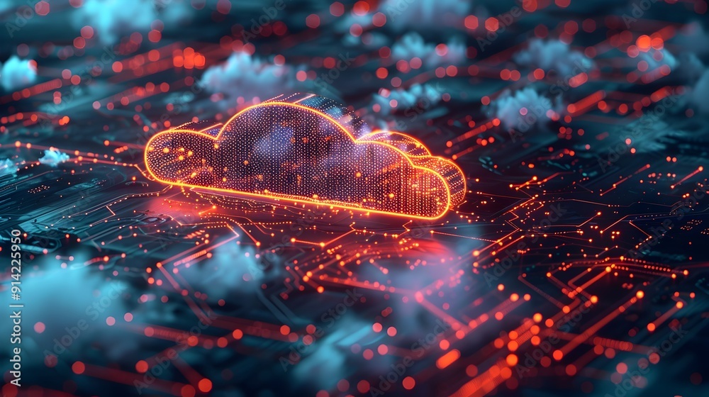 Poster glowing cloud computing infrastructure and secure digital network backdrop