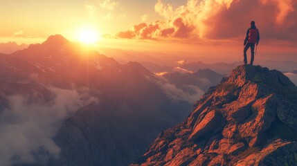 Fototapeta premium From the top of a steep mountain, a hiker see a huge, hazy mountain range.