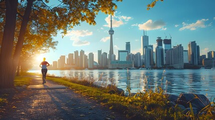Solitary jogger enjoying scenic waterfront with urban skyline in the background